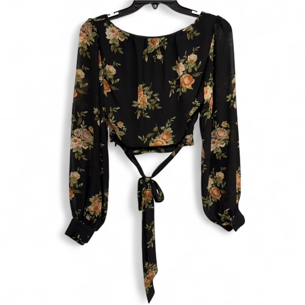 Forever 21 Floral Long Sleeve Tie-Back Crop Top - Size Small - Black/Rose - Picture 6 of 8